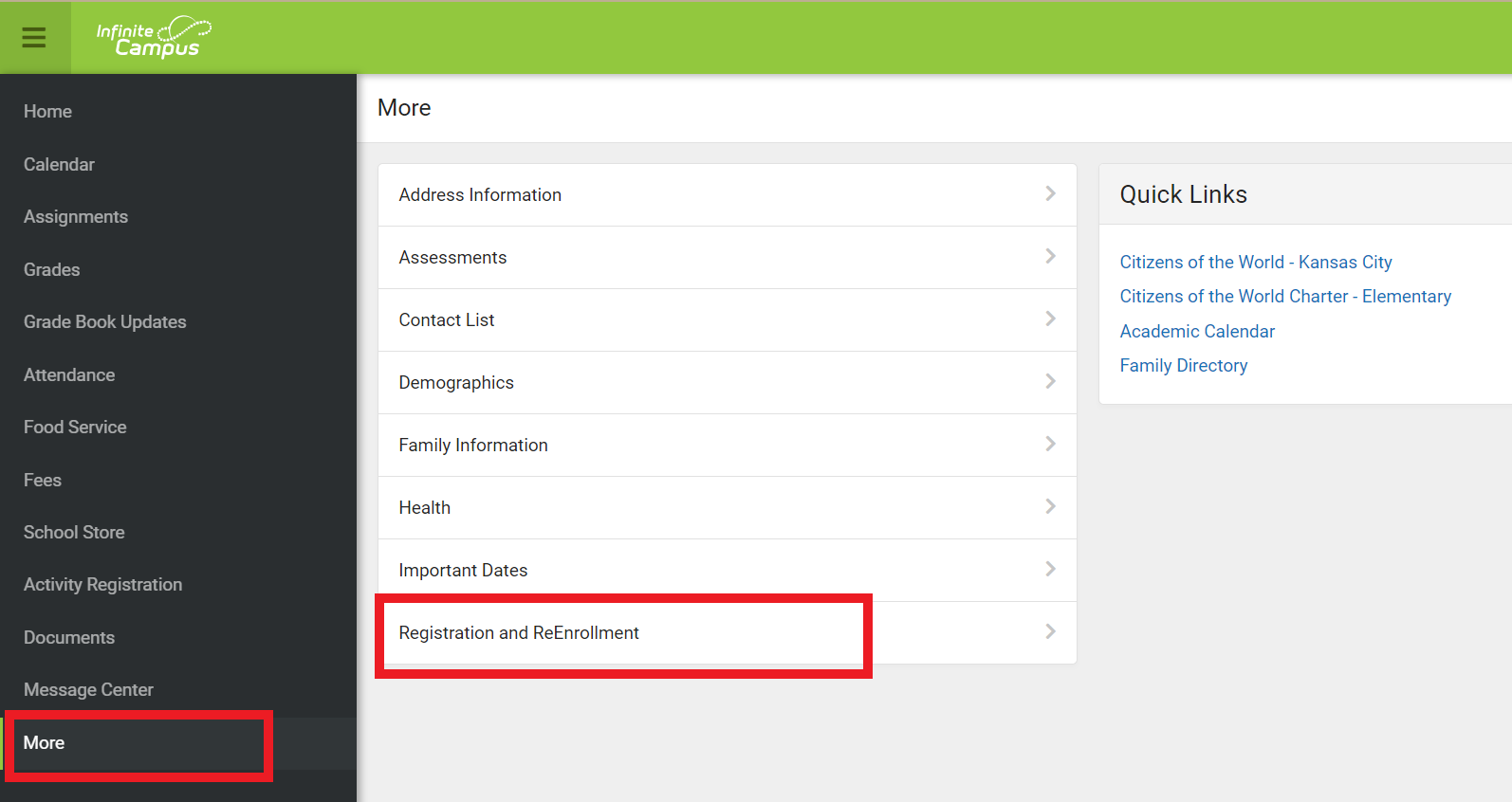 Infinite Campus portal highlighting "Registration and ReEnrollment" in the "More" section